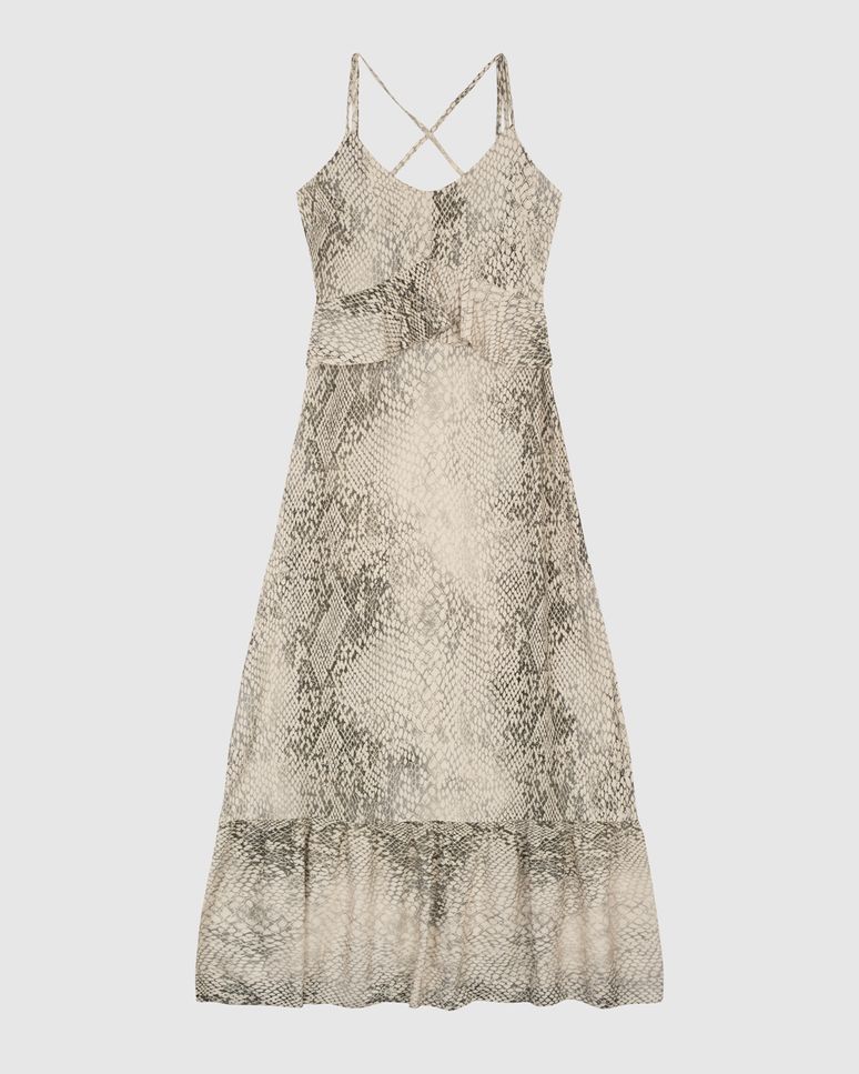Vestido Longo Feminino Evasê Babados Snake Print Em Viscose - ENFIM