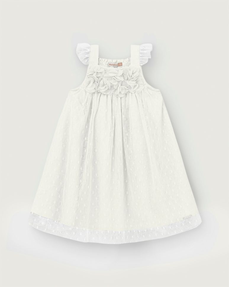 Vestido Menina Amplo Detalhe Aplique Flores Em Tule - Carinhoso