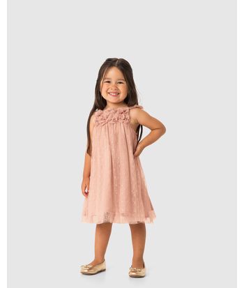 Vestido Menina Amplo Detalhe Aplique Flores Em Tule - Carinhoso