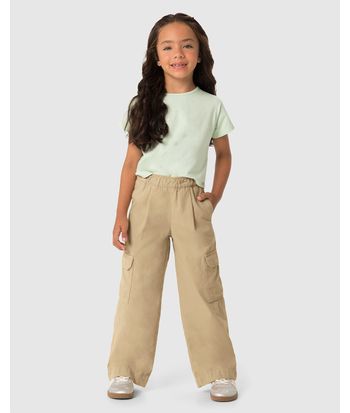 Calça Menina Wide Leg Bolso Cargo Em Sarja 100% Algodão - Carinhoso