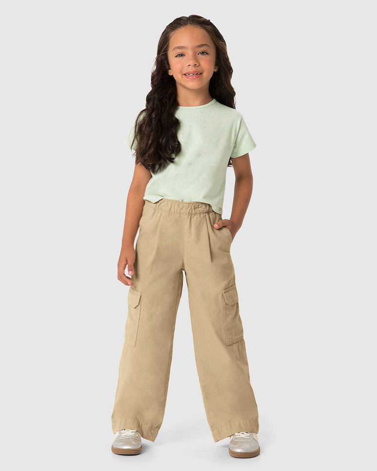Calça Menina Wide Leg Bolso Cargo Em Sarja 100% Algodão - Carinhoso
