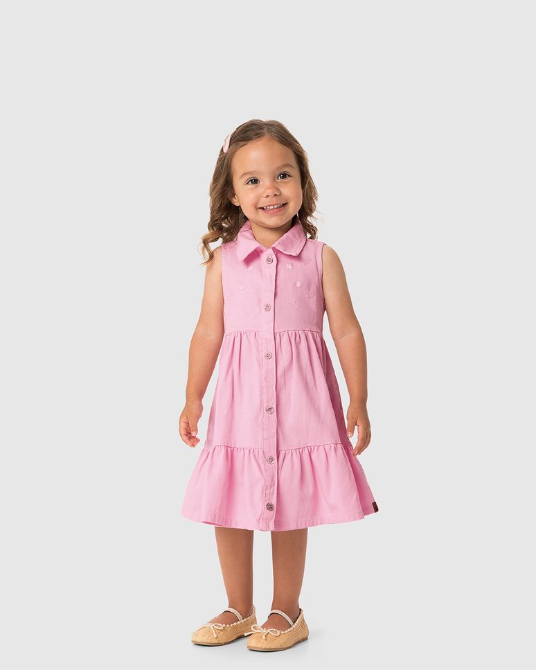 Vestido Menina Marias Abotoamento Frontal Em Sarja Leve - Carinhoso