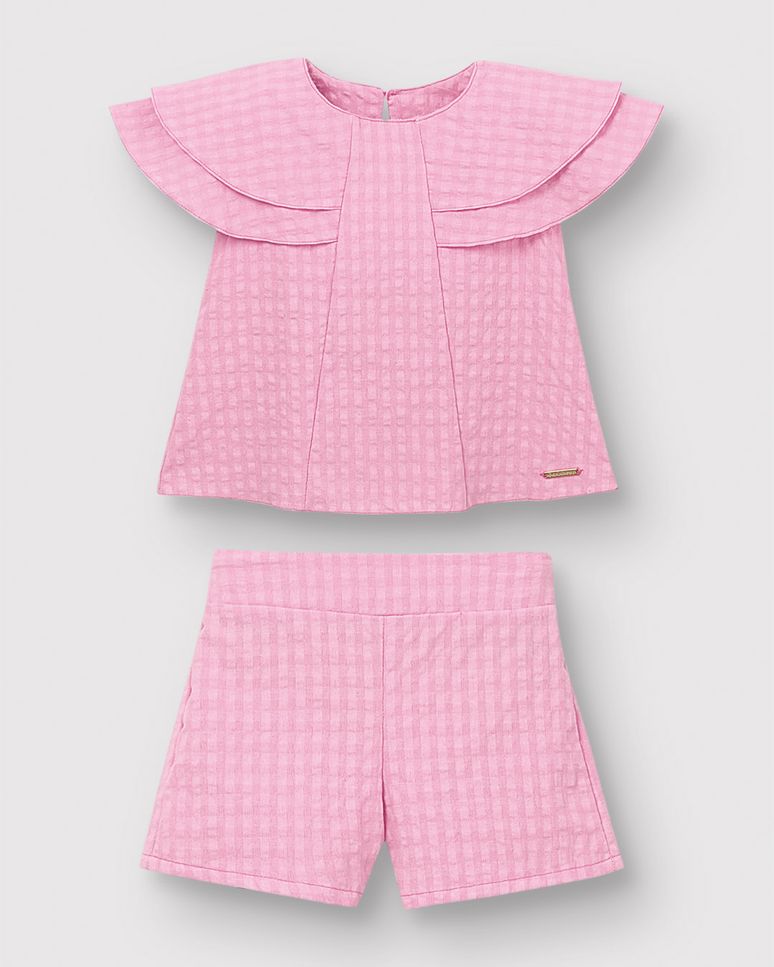 Conjunto Menina Blusa Manga Godê Babado E Shorts - Carinhoso