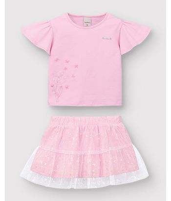 Conjunto Menina Blusa Bordado + Saia Em Algodão E Tule Foil - Carinhoso