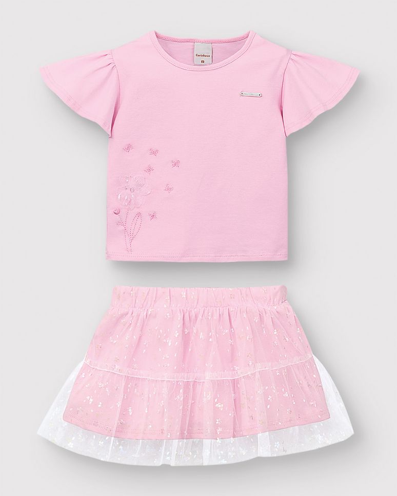 Conjunto Menina Blusa Bordado + Saia Em Algodão E Tule Foil - Carinhoso