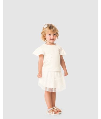 Conjunto Menina Blusa Bordado + Saia Em Algodão E Tule Foil - Carinhoso