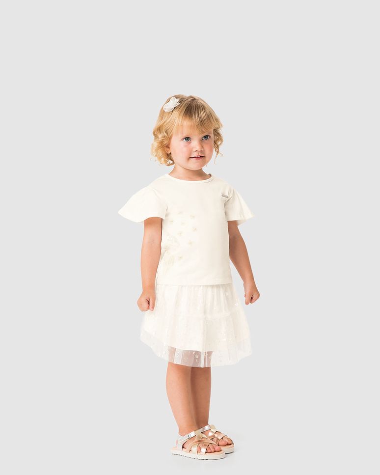 Conjunto Menina Blusa Bordado + Saia Em Algodão E Tule Foil - Carinhoso