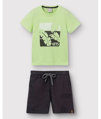 Conjunto Menino Camiseta Estampa Puff + Bermuda Cadarço Frontal - Carinhoso