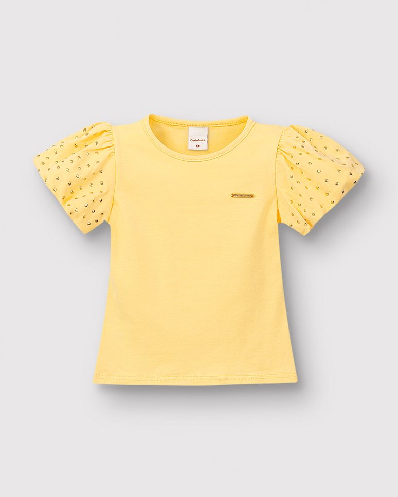Blusa Menina Manga Curta Aplique Lantejoulas Em Algodão - Carinhoso
