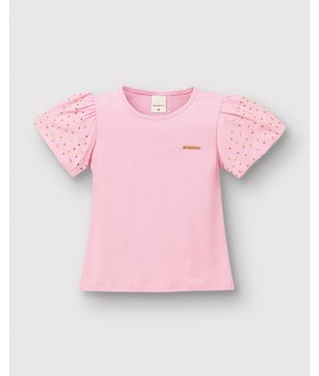 Blusa Menina Manga Curta Aplique Lantejoulas Em Algodão - Carinhoso