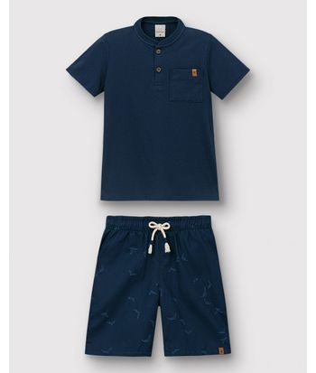 Conjunto Menino Camiseta Peitilho E Bermuda Estampada Em Algodão - Carinhoso
