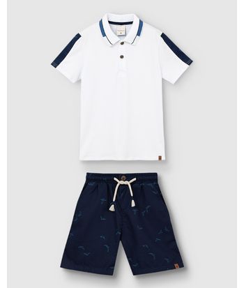Conjunto Menino Camisa Polo + Bermuda Em Algodão Texturizado - Carinhoso