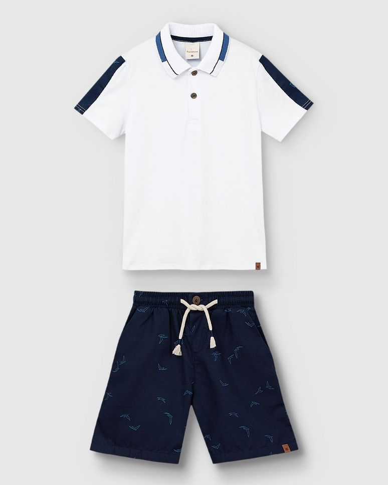 Conjunto Menino Camisa Polo + Bermuda Em Algodão Texturizado - Carinhoso