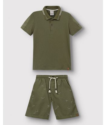 Conjunto Menino Camisa Polo + Bermuda Em Algodão Texturizado - Carinhoso