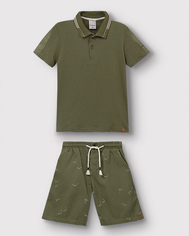 Conjunto Menino Camisa Polo + Bermuda Em Algodão Texturizado - Carinhoso