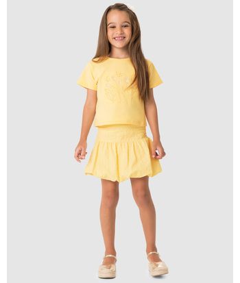 Conjunto Menina Blusa Bordado Com Aplique E Saia Balonê - Carinhoso