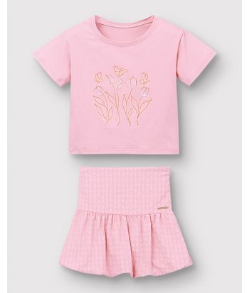 Conjunto Menina Blusa Bordado Com Aplique E Saia Balonê - Carinhoso