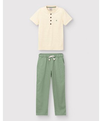 Conjunto Menino Calça Cadarço Frontal Em Viscolinho Texturizado - Carinhoso