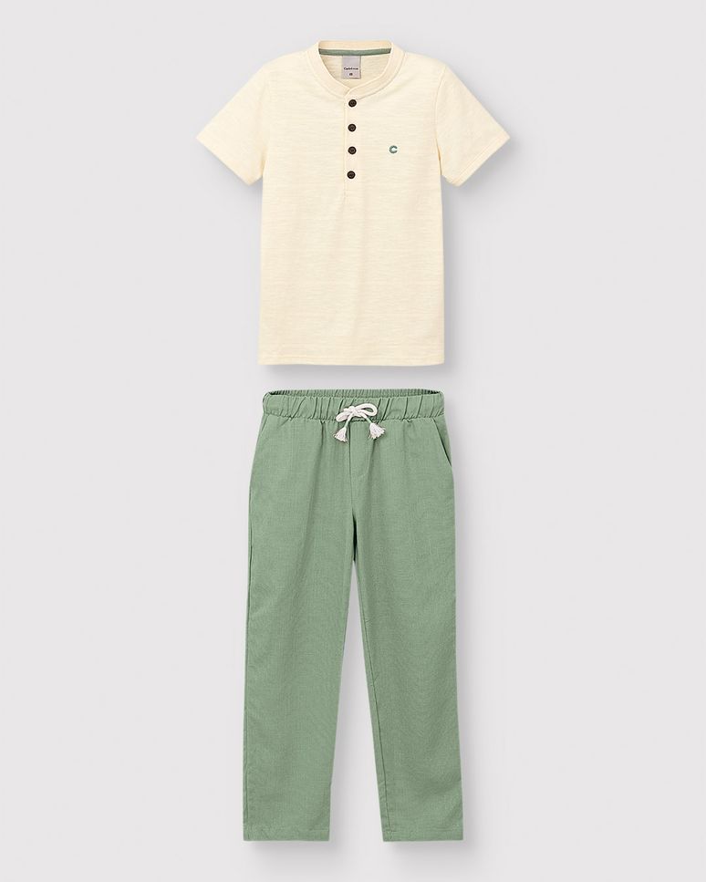 Conjunto Menino Calça Cadarço Frontal Em Viscolinho Texturizado - Carinhoso