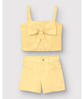 Conjunto Menina Blusa Laço Decorativo E Shorts Em Sarja Stretch - Carinhoso