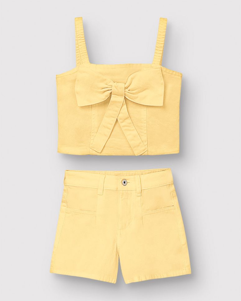 Conjunto Menina Blusa Laço Decorativo E Shorts Em Sarja Stretch - Carinhoso