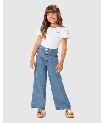 Calça Menina Wide Leg Cintura Ajustável Em Jeans 100% Algodão - Carinhoso