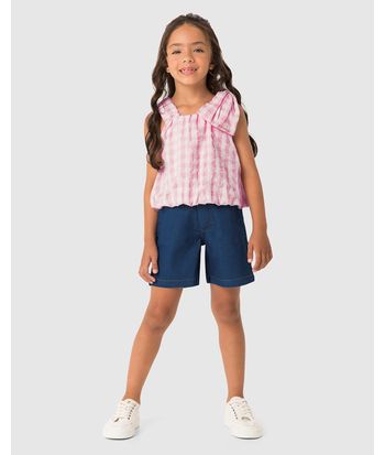 Conjunto Menina Blusa Xadrez Alça Laço Decorativo E Shorts Jeans - Carinhoso