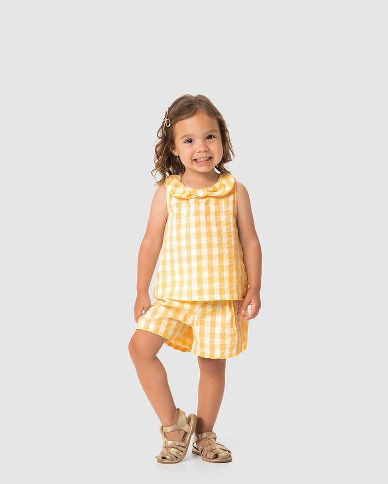 Conjunto Menina Xadrez Regata Gola Laço E Shorts - Carinhoso