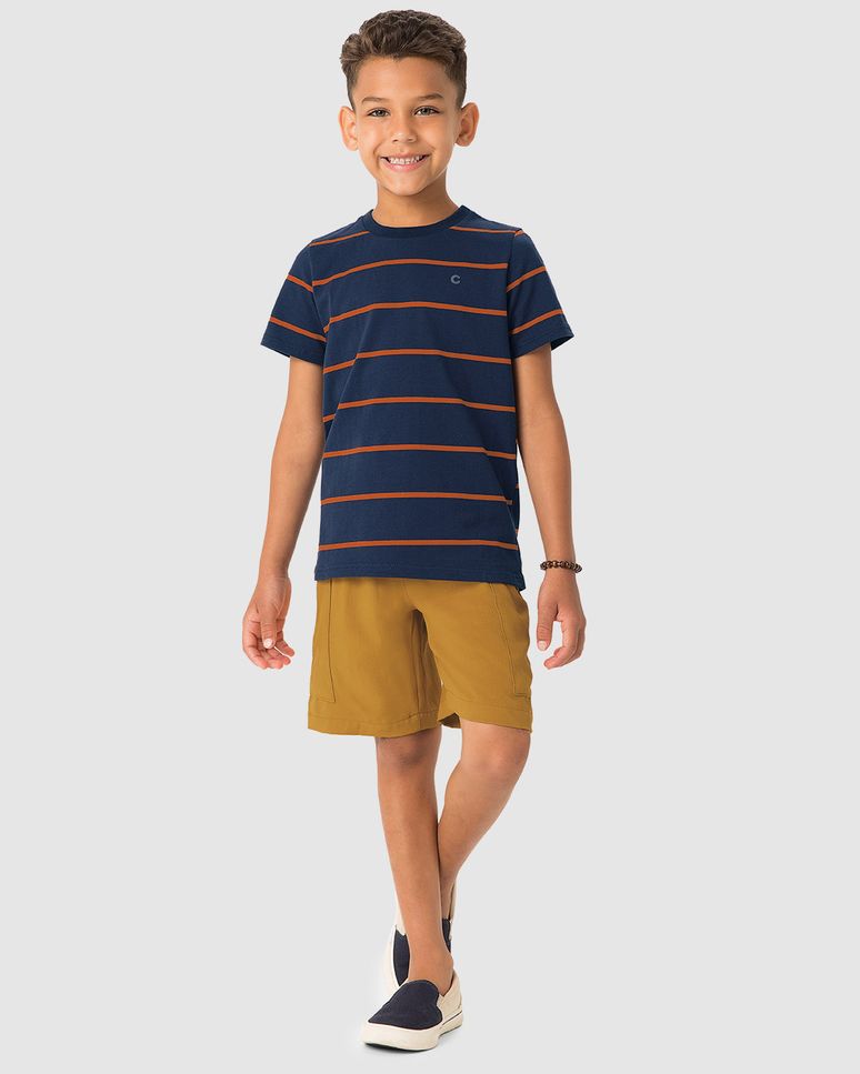 Conjunto Menino Camiseta Malha Listrada E Bermuda Viscolinho - Carinhoso