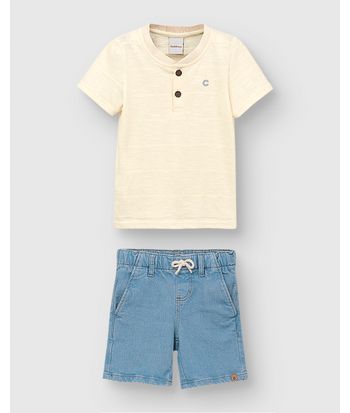 Conjunto Menino Camiseta Peitilho Frontal Em Malha Texturizada - Carinhoso