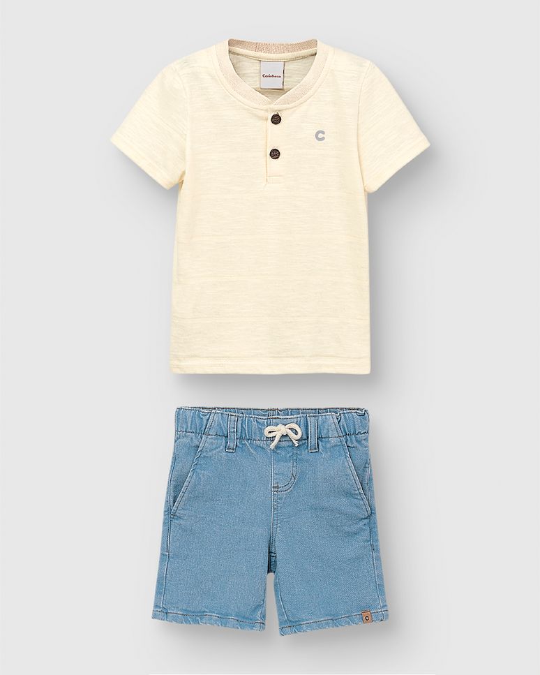 Conjunto Menino Camiseta Peitilho Frontal Em Malha Texturizada - Carinhoso