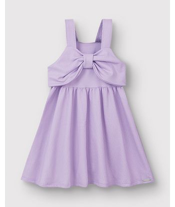 Vestido Menina Laço Decorativo Em Malha Canelada Listrada - Carinhoso