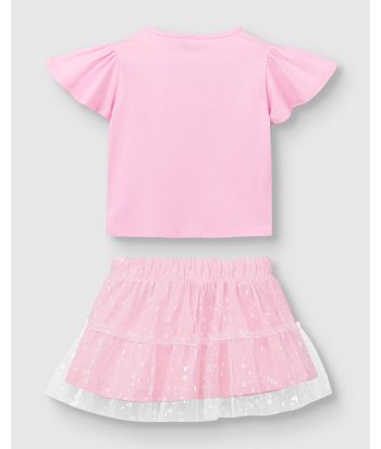 Conjunto Menina Blusa Bordado + Saia Em Algodão E Tule Foil - Carinhoso