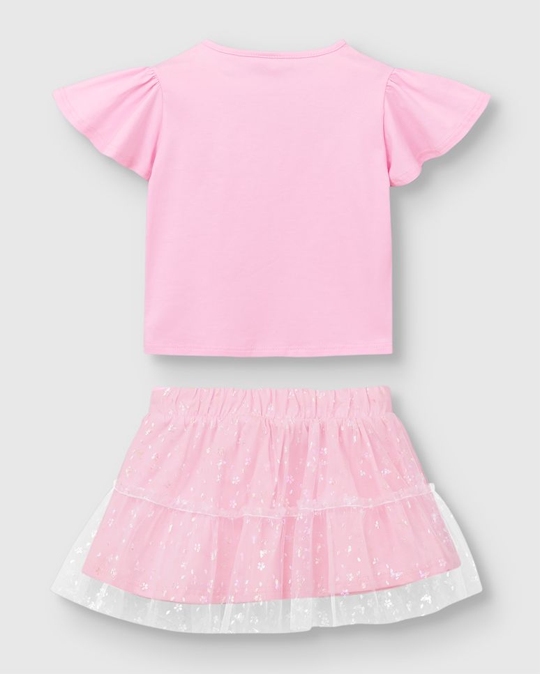 Conjunto Menina Blusa Bordado + Saia Em Algodão E Tule Foil - Carinhoso