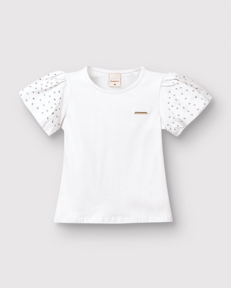 Blusa Menina Manga Curta Aplique Lantejoulas Em Algodão - Carinhoso