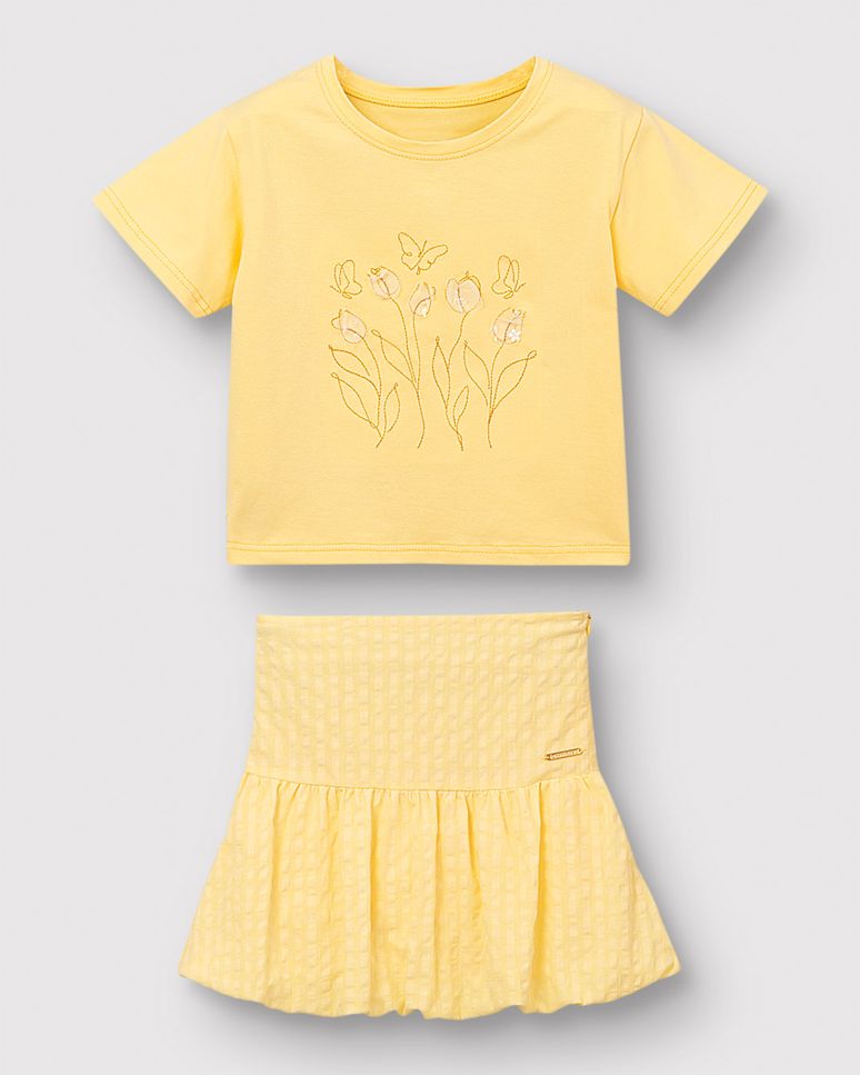 Conjunto Menina Blusa Bordado Com Aplique E Saia Balonê - Carinhoso