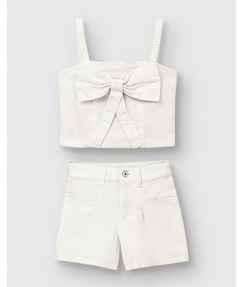 Conjunto Menina Blusa Laço Decorativo E Shorts Em Sarja Stretch - Carinhoso