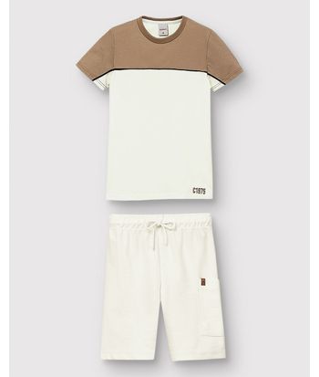 Conjunto Menino Camiseta Bicolor E Bermuda Em Moletom Sarjado - Carinhoso