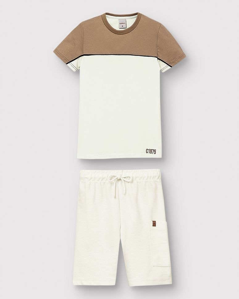 Conjunto Menino Camiseta Bicolor E Bermuda Em Moletom Sarjado - Carinhoso