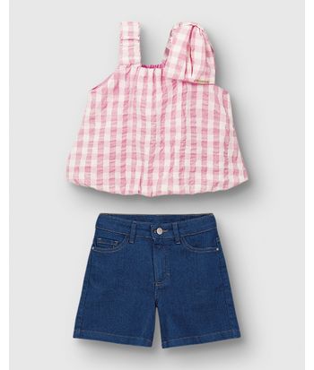 Conjunto Menina Blusa Xadrez Alça Laço Decorativo E Shorts Jeans - Carinhoso