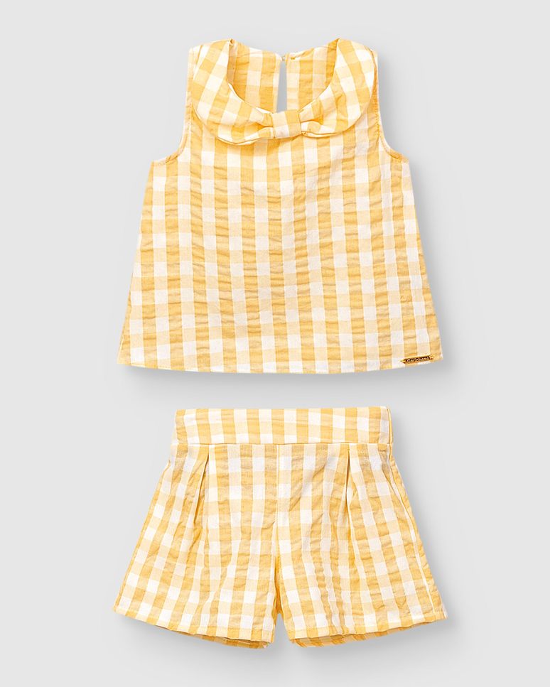 Conjunto Menina Xadrez Regata Gola Laço E Shorts - Carinhoso