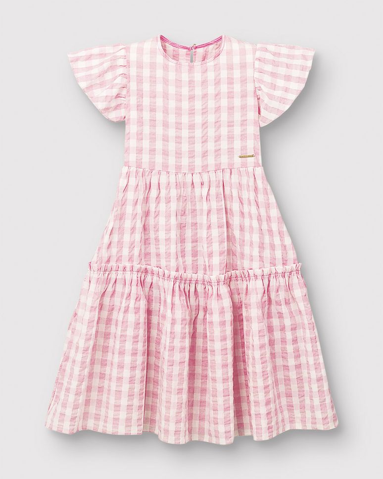Vestido Menina Midi Rodado Xadrez Em Algodão Enrugado - Carinhoso