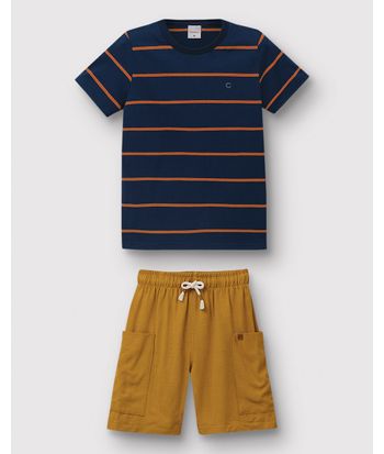 Conjunto Menino Camiseta Malha Listrada E Bermuda Viscolinho - Carinhoso