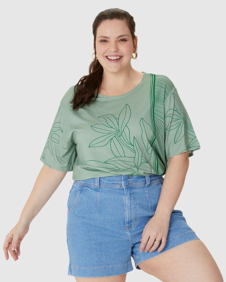Blusa Feminina Plus Size Ampla Estampa Folhagem Em Viscose Stretch