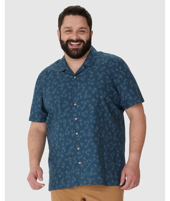 Camisa Masculina Plus Size Estampada Manga Curta Em Linho Com Algodão
