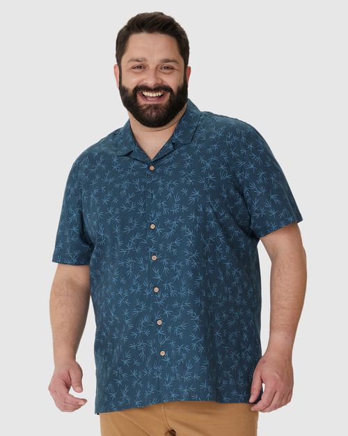 Camisa Masculina Plus Size Estampada Manga Curta Em Linho Com Algodão