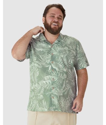 Camisa Masculina Plus Size Estampada Manga Curta Em Linho Com Algodão