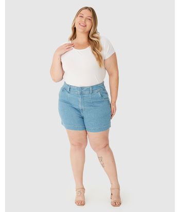 Bermuda Feminina Plus Size Mom Cintura Alta Em Jeans Com Elastano