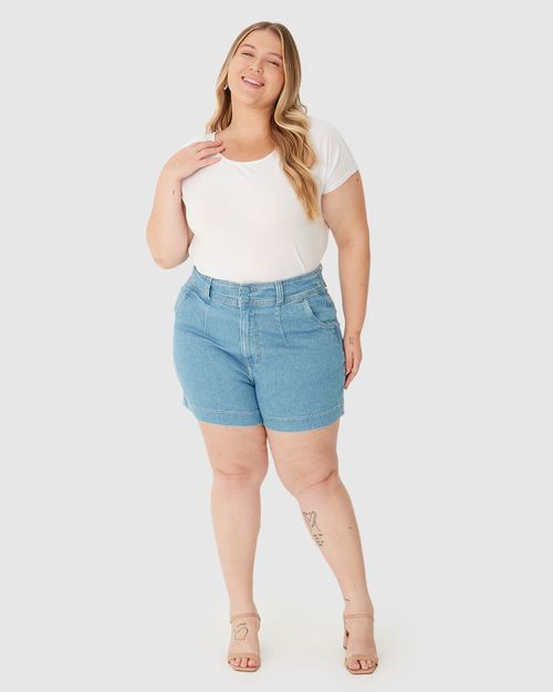 Bermuda Feminina Plus Size Mom Cintura Alta Em Jeans Com Elastano
