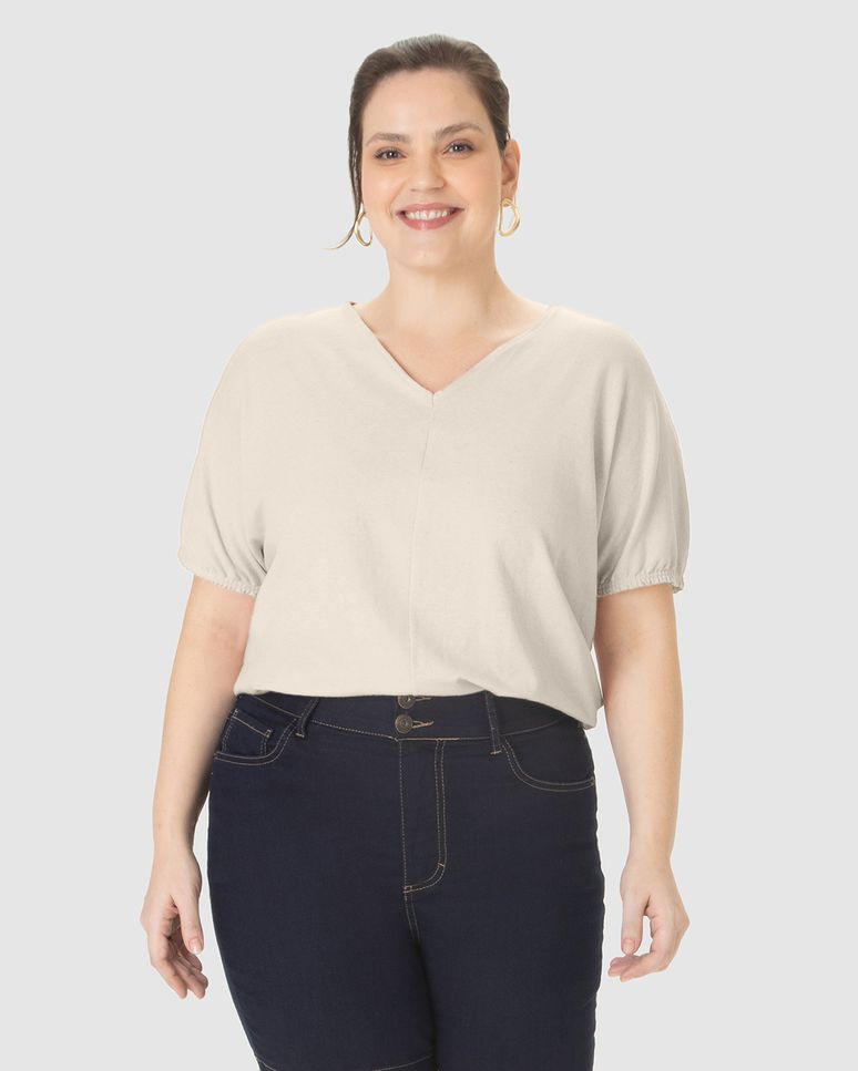 Blusa Feminina Plus Size Ampla Decote V Em Malha Linho